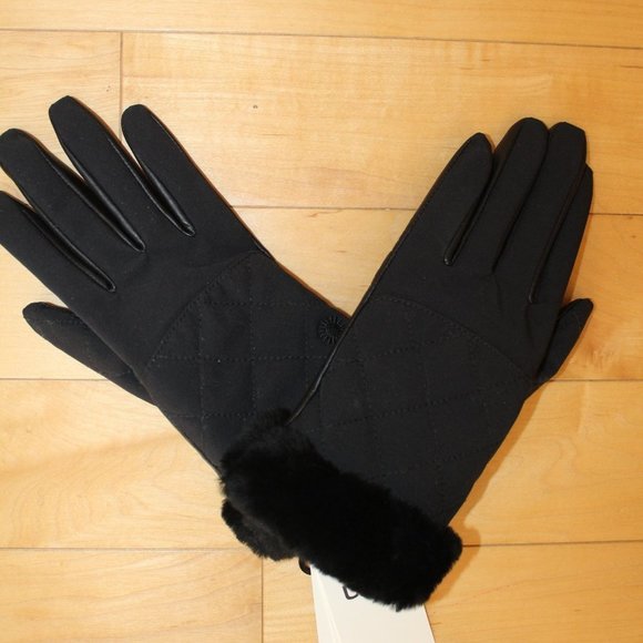 NWT WOMEN'S QUILTED LEATHER FUR LINED SMART GLOVES BLACK‎ S/M - Picture 2 of 6